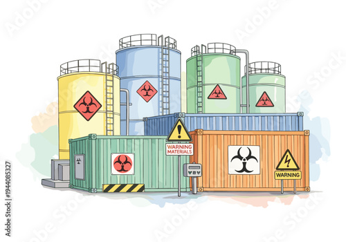 Industrial facility with hazardous material storage tanks and shipping containers