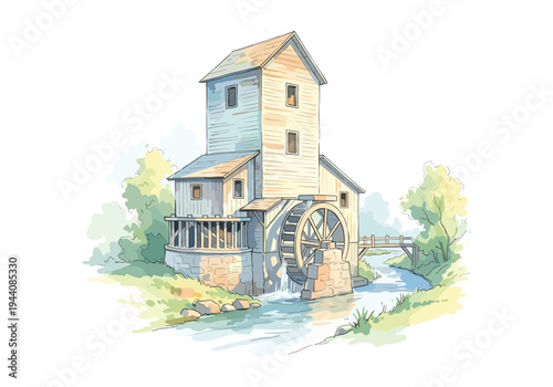 Charming watercolor illustration of a historic watermill beside a flowing river and lush greenery