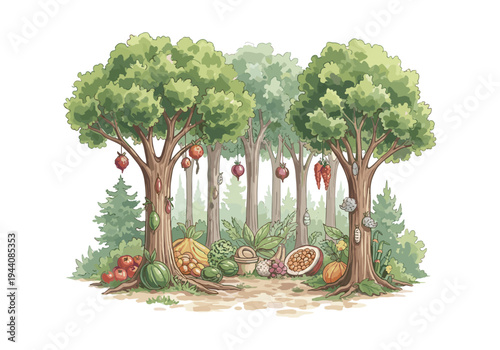 Whimsical forest scene with trees bearing fruits and vegetables and a bounty of produce at their base
