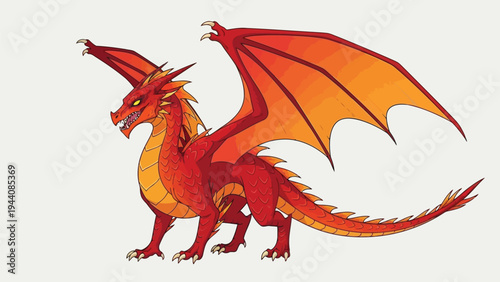 A vibrant cartoon dragon with fiery wings and a playful demeanor sitting upright. Vector