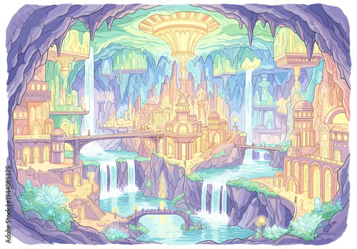 Enchanting fantasy city built inside a luminous cave with waterfalls and bridges