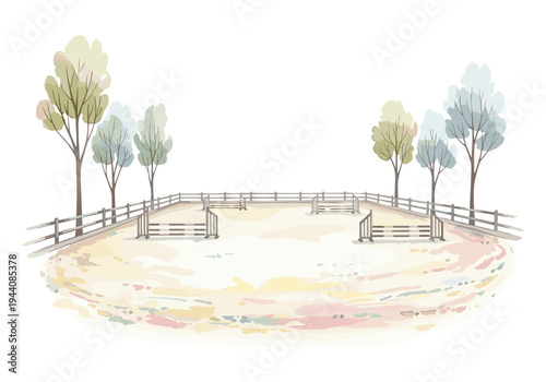 Equestrian jumping arena with fences and trees in a soft watercolor style