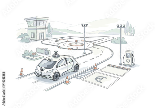 Autonomous vehicle testing on a smart city test track with charging station and control tower