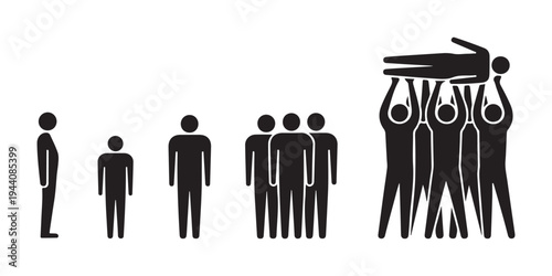 Human figures grow in size, people in group, carrying person on shoulders, support concept