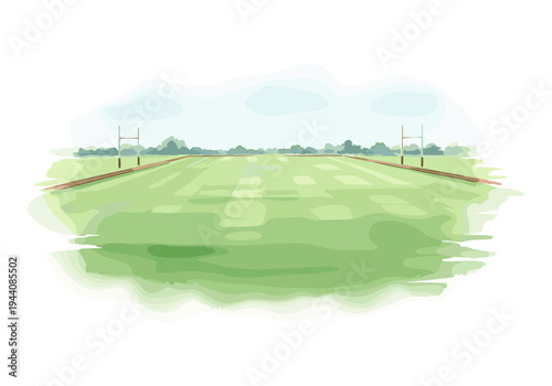 Empty rugby field with goalposts and green grass under a cloudy sky