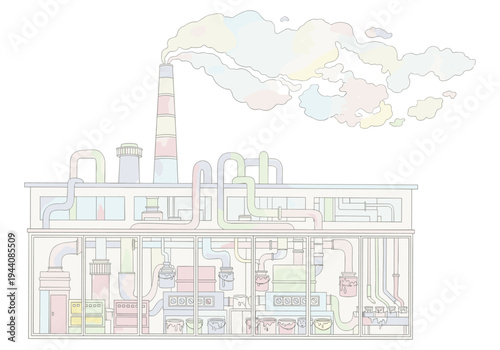 Colorful factory with pipes and smoke emitting from chimney in a whimsical style