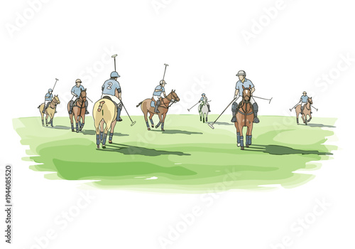 Illustration of a polo match with players on horseback swinging mallets on a green field