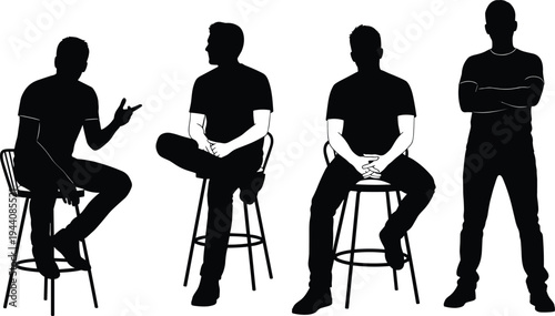 Man sitting and standing silhouette collection, male poses on stool chair and standing with crossed arms, casual people set