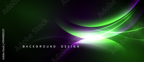 Abstract design features flowing curves, vibrant green, purple hues. Bright light emanates from center, dark background contrasts beautifully.