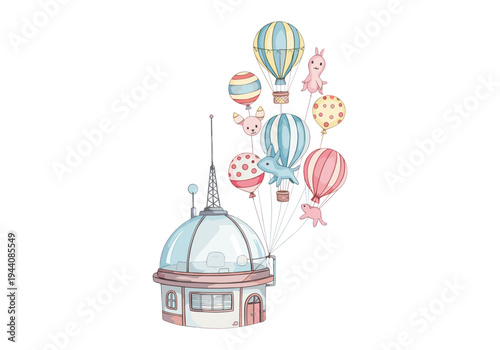 Whimsical watercolor illustration of a dome-shaped building with hot air balloons carrying cute animal toys