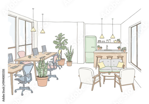 Modern open-plan office space with a kitchen area and comfortable seating