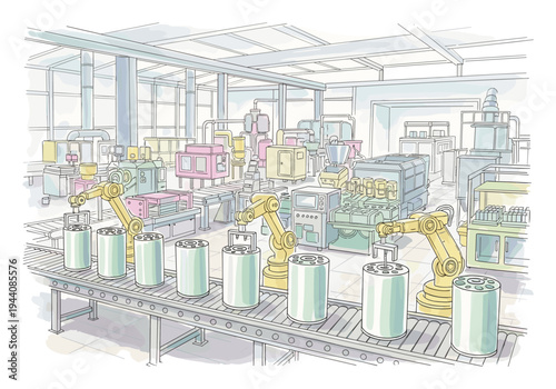 Automated factory assembly line with robotic arms and cylindrical products on conveyor belts