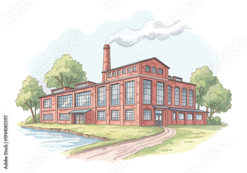 Vintage brick factory building with smokestack emitting smoke near a tranquil body of water
