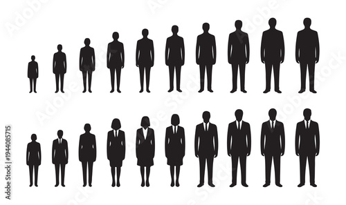 Set of human silhouettes of people dressed in various casual and formal wear and arranged in growing height sequence