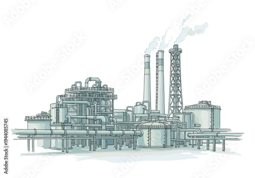 Industrial factory complex with pipes, towers, and smoke emitting from chimneys