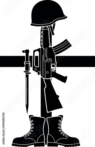 Black silhouette of a soldier with a gun and helmet standing in front of a cross white