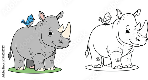 Cute cartoon rhino with a little bird, colored illustration and black and white outline version for children's coloring book