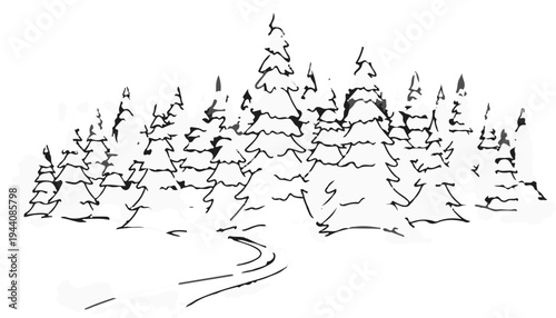 A whimsical, sketchy drawing of a snowy forest with a winding path