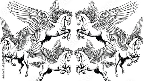 Elegant engraving of mythical eagles and cherubic figures in celestial harmony Vector