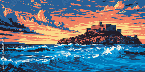 Dramatic Ocean Waves at Sunset with Island Fortress – Colorful Coastal Landscape Vector Illustration