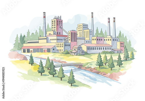 Watercolor illustration of a sprawling industrial complex nestled beside a serene forest and river
