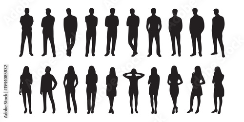 Full length male and female silhouettes standing in various poses, casual clothing for everyday activities