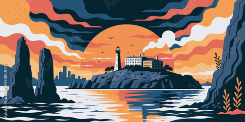 Lighthouse on Rocky Island at Sunset with City Skyline and Ocean Reflection – Colorful Vector Seascape Illustration