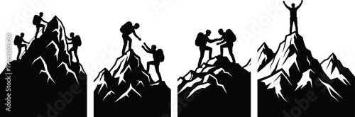 Mountain climbing silhouettes collection, hikers reaching summit teamwork adventure trekking and mountaineering success concept isolated black vector illustration