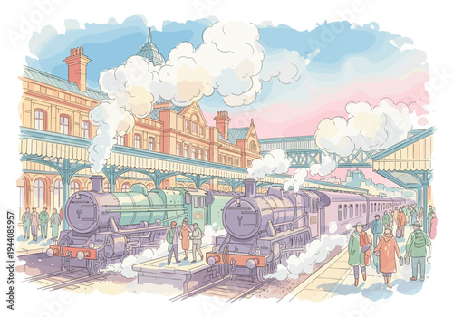 Vintage steam trains at a bustling station with passengers waiting on the platform