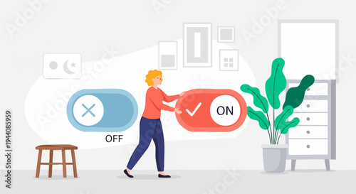 Woman Activating Red Toggle Switch with 'ON' Text and Checkmark, Blue 'OFF' Switch with Cross, Representing Digital Control and User Interface Settings Vector Illustration