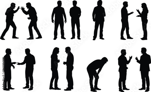 People arguing and talking silhouettes collection, men and women discussion gestures, communication conflict poses vector illustration isolated on white