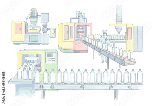 Automated bottle production line with machinery and worker in a factory setting