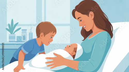 Mother and toddler interacting with newborn baby in hospital room with blue decor