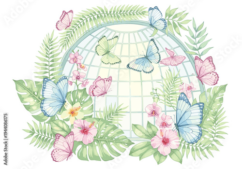 Vibrant butterflies flutter around exotic flowers inside a lush botanical garden conservatory