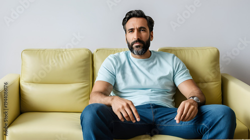 A man sitting on a thes couch finally feeling safe enough to share his deepest traumas and struggles..