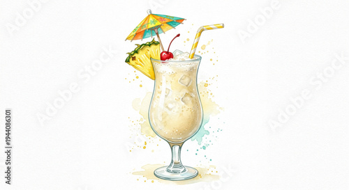 Watercolor tropical Piña Colada cocktail with pineapple and umbrella, vector clipart