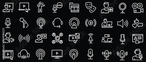 Podcast web icons in line style. Microphone, radio, webcast, audio, video, news, collection. Vector illustration.
