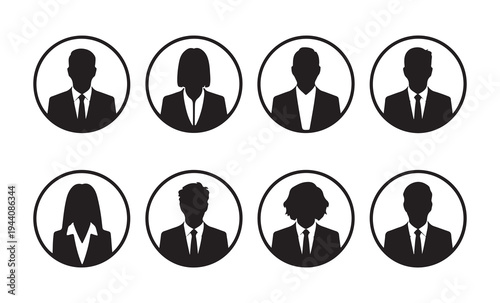 Circular silhouette portraits of business men and women in professional suits, clean icon style