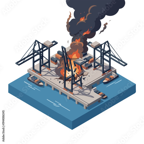 isometric vector flat a damaged port burned by a missile attack 09