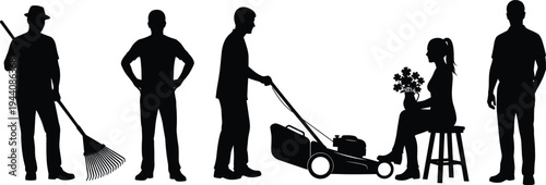 People silhouette collection showing different occupations, gardener with rake, lawn mower worker, standing men and seated woman with flowers