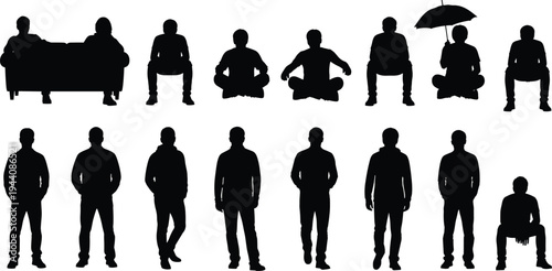People sitting and standing silhouettes collection, casual men poses, relaxing and waiting characters, human lifestyle vector illustration isolated on white
