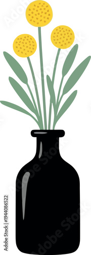 Minimalist yellow billy balls in black vase vector illustration for modern home decor and floral design