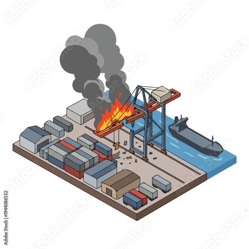 isometric vector flat a damaged port burned by a missile attack 07