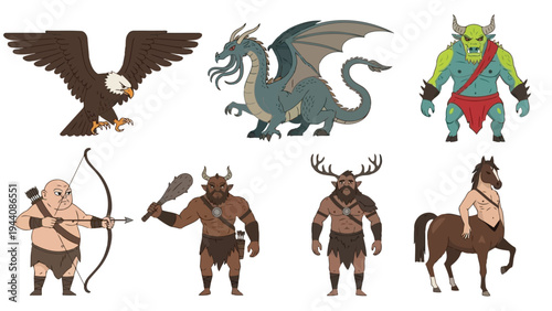 Fantasy creatures and characters in a medieval-inspired illustration Vector