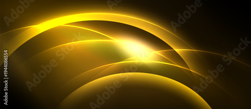 Golden light radiates from center. Curved shapes overlap, creating dynamic abstract composition. Dark background emphasizes brilliance.