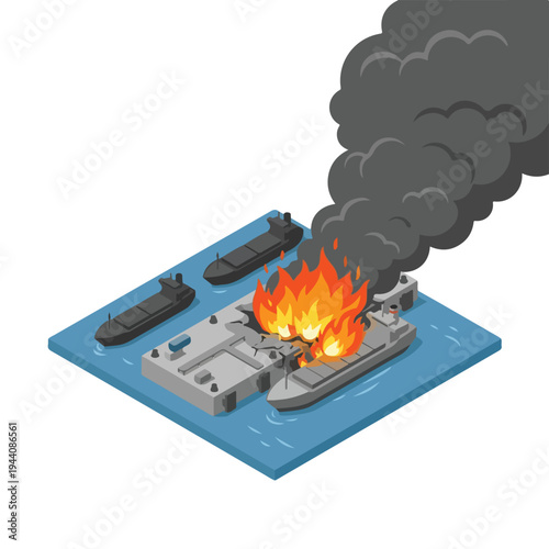 isometric vector flat a damaged port burned by a missile attack 6