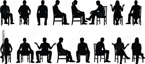 People sitting on chair silhouette set, men and women seated conversation and discussion poses collection isolated on white