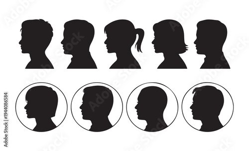 Diverse side profile head silhouettes featuring various hairstyles and facial shapes for personal identification