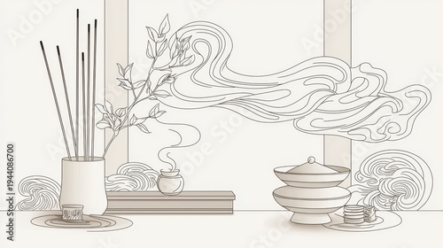 Serene line art illustration featuring Japanese incense, plant, and smoke swirling gracefully. composition evokes tranquility