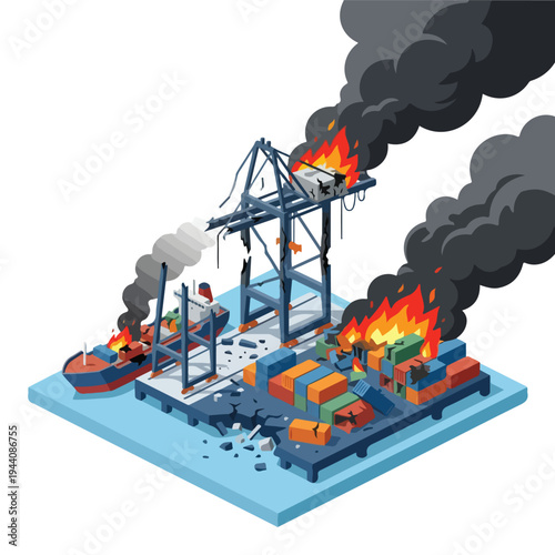 isometric vector flat a damaged port burned by a missile attack 006